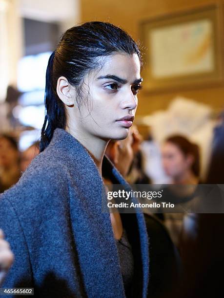 Model poses prior the Stella McCartney show as part of the Paris Fashion Week Womenswear Fall/Winter 2015/2016 on March 9, 2015 in Paris, France.