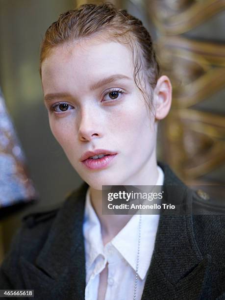 Model poses prior the Stella McCartney show as part of the Paris Fashion Week Womenswear Fall/Winter 2015/2016 on March 9, 2015 in Paris, France.