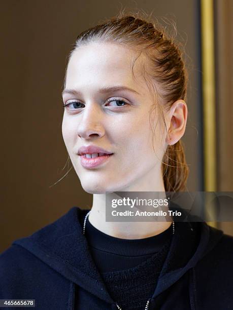 Model poses prior the Stella McCartney show as part of the Paris Fashion Week Womenswear Fall/Winter 2015/2016 on March 9, 2015 in Paris, France.