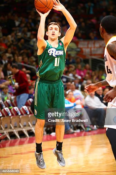 David Stockton of the Reno Bighorns takes a jump-shot against the Iowa Energy in an NBA D-League game on March 8, 2015 at the Wells Fargo Arena in...