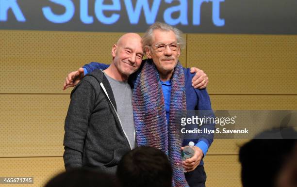Patrick Stewart and Ian McKellen speak at John L. Tishman Auditorium at University Center on January 28, 2014 in New York City.