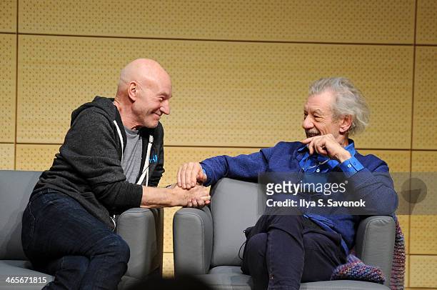 Patrick Stewart and Ian McKellen speak at John L. Tishman Auditorium at University Center on January 28, 2014 in New York City.