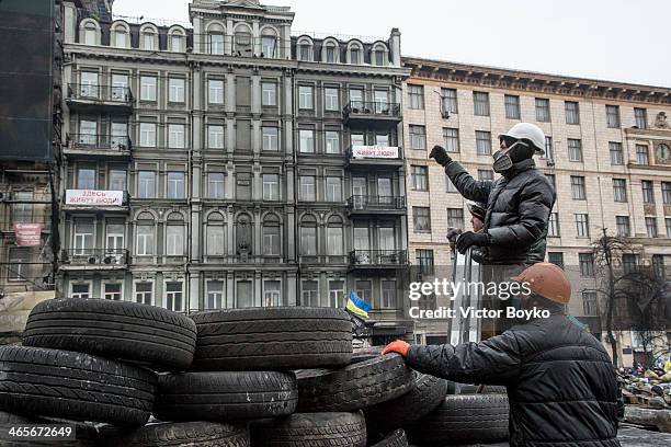 Protesters on Grushevskogo Street on January 28, 2014 in Kiev, Ukraine. President Viktor Yanukovych has accepted the resignation of Prime Minster...