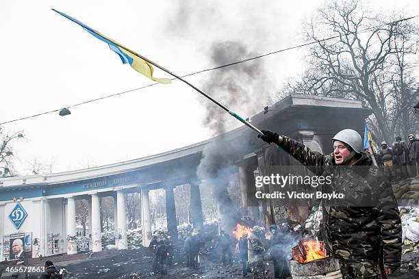 Protesters on Grushevskogo Street on January 28, 2014 in Kiev, Ukraine. President Viktor Yanukovych has accepted the resignation of Prime Minster...