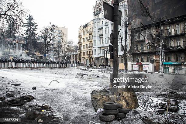 General view of the police line on Grushevskogo Street on January 28, 2014 in Kiev, Ukraine. President Viktor Yanukovych has accepted the resignation...
