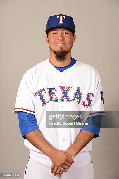 Yovani Gallardo of the Texas Rangers poses during Photo Day on Monday, March 2, 2015 at Surprise Stadium in Surprise, Arizona.