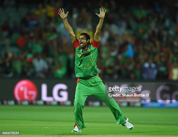 Masrafe Bin Mortaza of Bangladesh appeals during the 2015 ICC Cricket World Cup match between England and Bangladesh at Adelaide Oval on March 9,...