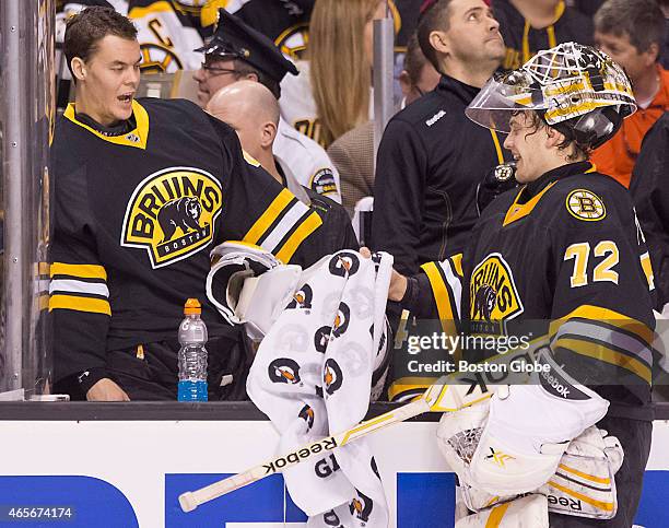 Boston Bruins starting goalie Tuukka Rask taking the day off giving advice to his replacement Niklas Svedberg who gave up some soft goals against the...