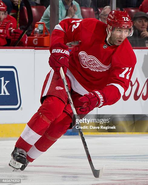 Newly acquired Erik Cole of the Detroit Red Wings turns up ice in his first game during a NHL game against the New York Rangers on March 4, 2015 at...