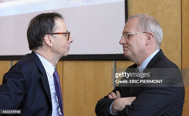 President of France Initiative, Louis Schweitzer talks with President of the French Space Agency CNES Jean-Yves Le Gall, prior to a meeting with the...