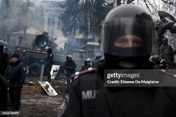 An anti-aircraft floodlight mounted on truck is used at night by the riot police during clashes with protesters on January 28, 2014 in Kiev, Ukraine....