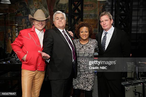 Episode 4602 -- -- Pictured: Musical guest Dwight Yoakam, host Jay Leno, comedian Wanda Sykes and actor Thomas Haden Church on January 28, 2014 --