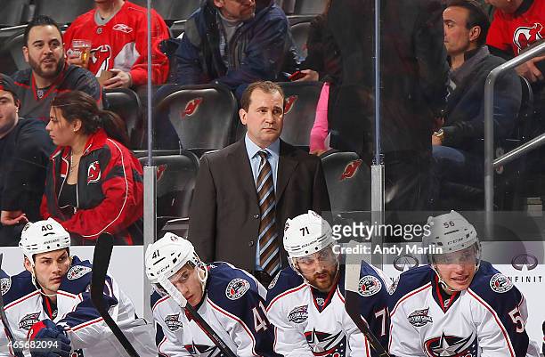 Head coach Todd Richards of the Columbus Blue Jackets looks on during the game against the New Jersey Devils at the Prudential Center on March 6,...