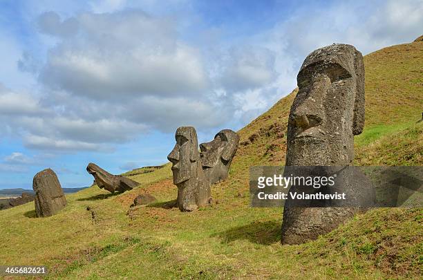 five ancient moai carved in stone - easter_island stock pictures, royalty-free photos & images