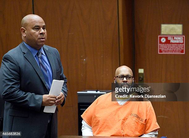 Marion "Suge" Knight appears in court with his new lawyer Matthew P. Fletcher at the Clara Shortridge Foltz Criminal Justice Center March 9, 2015 in...