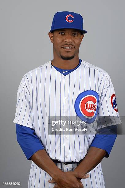 Edwin Jackson of the Chicago Cubs poses during Photo Day on Monday, March 2, 2015 at Sloan Park in Mesa, Arizona.