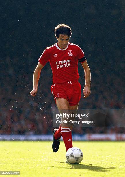 Liverpool defender Alan Hansen in action during a First Division Match in 1987 at Anfield in Liverpool, England.