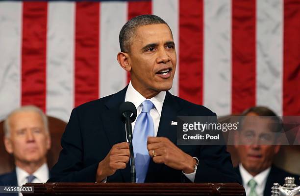 President Barack Obama delivers his State of the Union speech on Capitol Hill on January 28, 2014 in Washington, DC. In his fifth State of the Union...