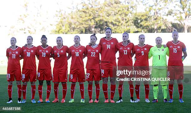 Switzerland players: forward Lara Dickenmann, midfielder Vanessa Burki, forward Eseosa Aigbogun, defender Noelle Maritz, defender Fabienne Humm,...