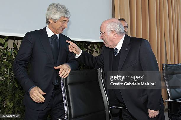 Gianni Rivera president of the Youth and School FIGC and Carlo Tavecchio president of FIGC during the "Panchina D'oro season 2013-2014" on March 9,...
