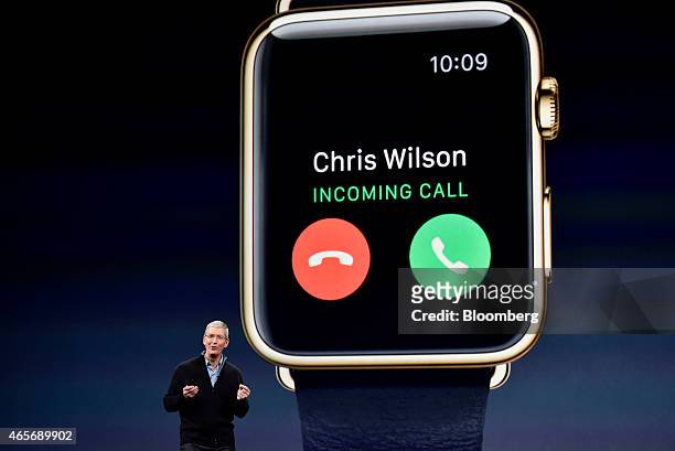 Tim Cook, chief executive officer of Apple Inc., speaks during the Apple Inc. Spring Forward event in San Francisco, California, U.S., on Monday,...