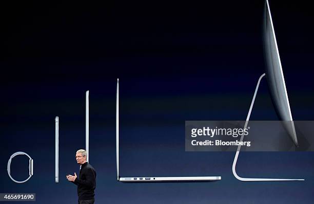 Tim Cook, chief executive officer of Apple Inc., speaks during the Apple Inc. Spring Forward event in San Francisco, California, U.S., on Monday,...