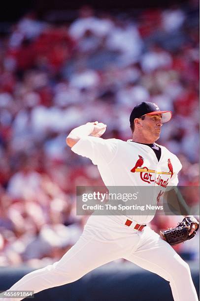 Rick Ankiel of the St. Louis Cardinals pitches against the Cleveland Indians at Busch Stadium on June 4, 2000 in St. Louis, Missouri.