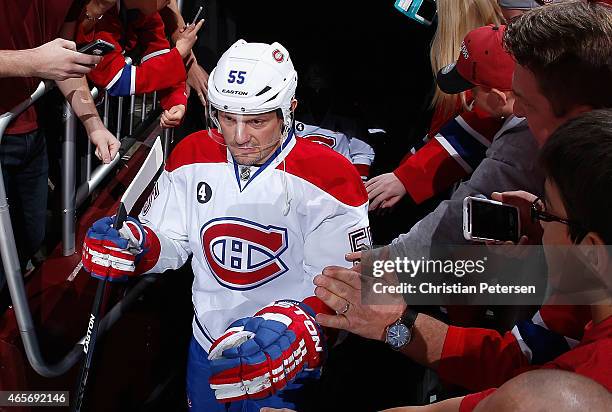 Sergei Gonchar of the Montreal Canadiens walks out to the ice during the NHL game against the Arizona Coyotes at Gila River Arena on March 7, 2015 in...