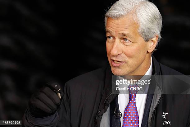 Pictured: Jamie Dimon, chairman, president and CEO of JPMorgan Chase, in an interview at the World Economic Forum in Davos, Switzerland, on January...