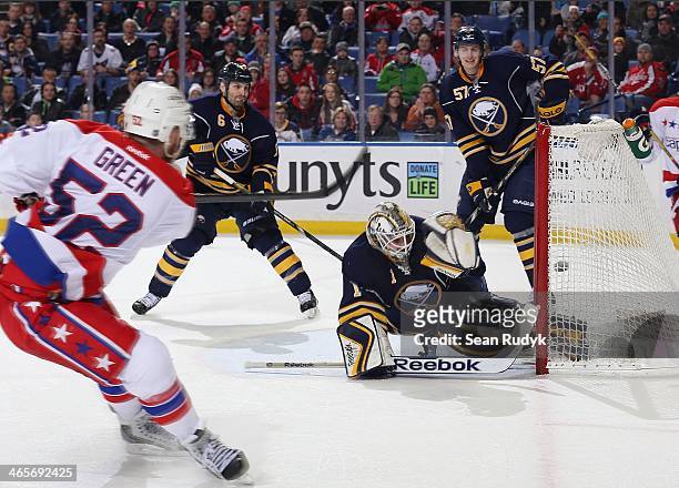 Mike Green of the Washington Capitals scores the game-winning overtime goal against Jhonas Enroth of the Buffalo Sabres on January 28, 2014 at the...