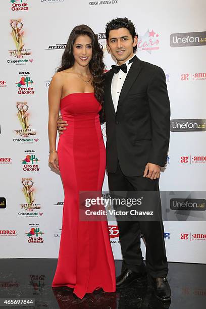 Daniela Basso and Miguel Martinez arrive at Premios TV y Novelas 2015 at Televisa San Angel on March 9, 2015 in Mexico City, Mexico.