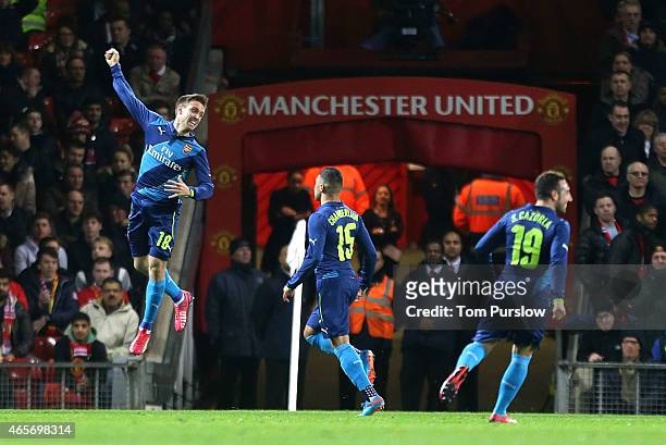 Nacho Monreal of Arsenal celebrates scoring their first goal during the FA Cup Quarter Final match between Manchester United and Arsenal at Old...