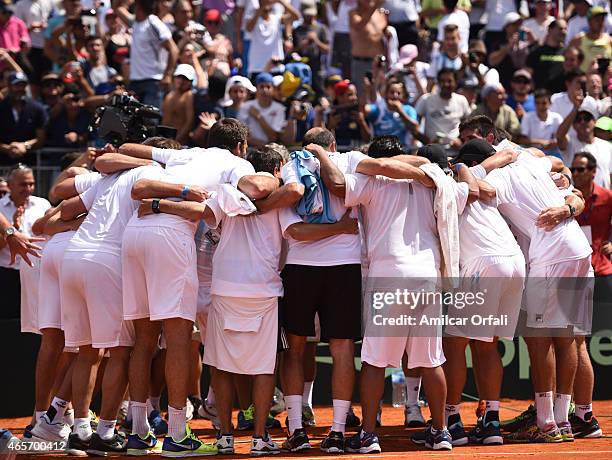 Federico Delbonis of Argentina celebrates winining the series 3-2 against Brazil after defeating by 6-3, 3-6, 6- and 7-5 Brazil's Thomaz Bellucci as...