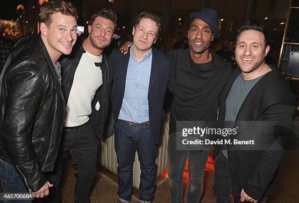 Jamie Oliver poses with Lee Ryan, Duncan James, Simon Webbe and Antony Costa of Blue at a party hosted by Instagram's Kevin Systrom and Jamie Oliver....