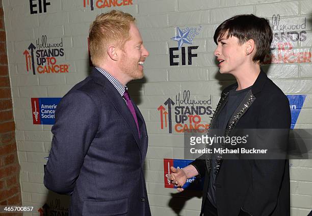Actors Jesse Tyler Ferguson and Anne Hathaway attend Hollywood Stands Up To Cancer Event with contributors American Cancer Society and Bristol Myers...