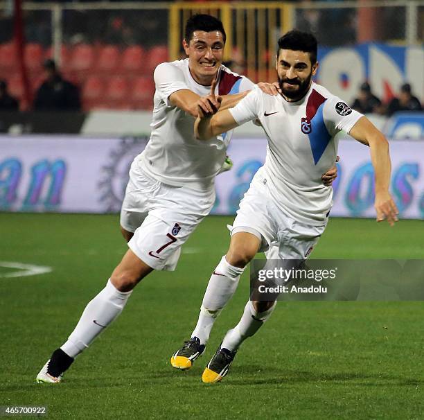 Mehmet Ekici and Oscar Cardozo of Trabzonspor celebrate the goal during Turkish Spor Toto League football match between Mersin Idmanyurdu and...