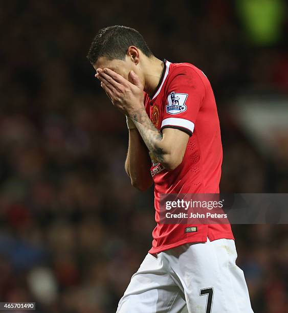 Angel di Maria of Manchester United reacts to a missed chance during the FA Cup Quarter Final match between Manchester United and Arsenal at Old...