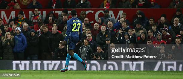 Danny Welbeck of Arsenal celebrates scoring their second goal during the FA Cup Quarter Final match between Manchester United and Arsenal at Old...