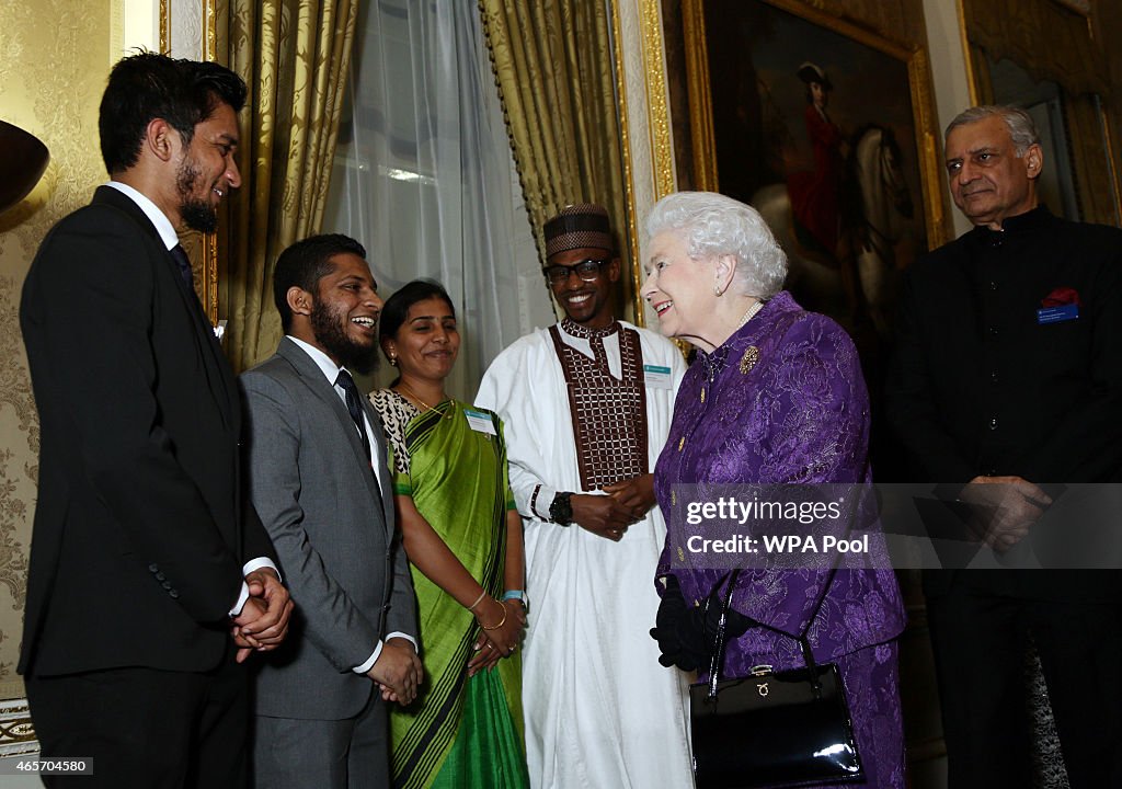 Reception Queen Queen Elizabeth II speaks with guests during a reception to mark ...