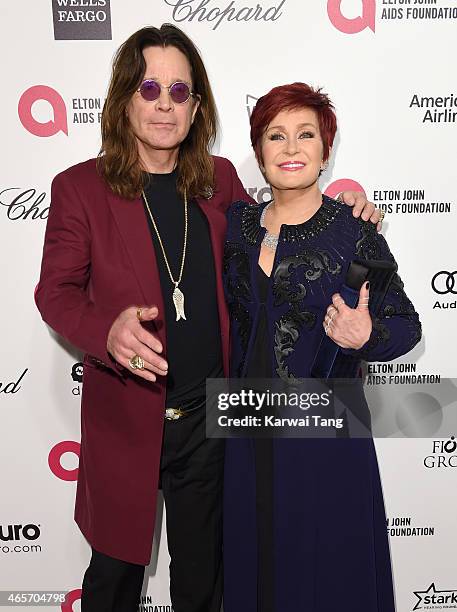 Ozzy Osbourne and Sharon Osbourne attend the Elton John AIDS Foundation's 23rd annual Academy Awards Viewing Party at The City of West Hollywood Park...