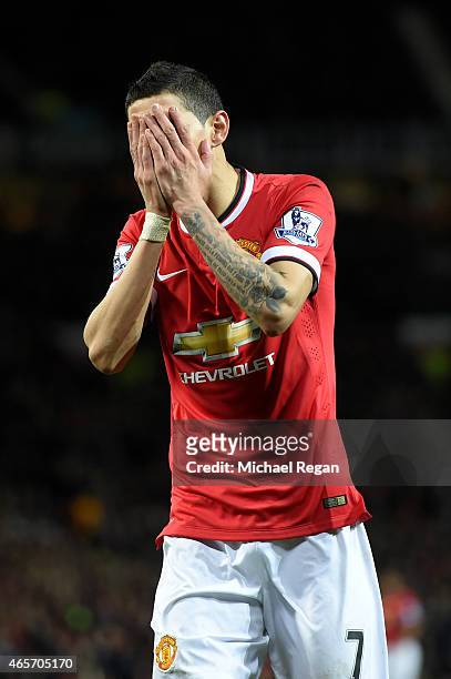 Angel di Maria of Manchester United reacts during the FA Cup Quarter Final match between Manchester United and Arsenal at Old Trafford on March 9,...