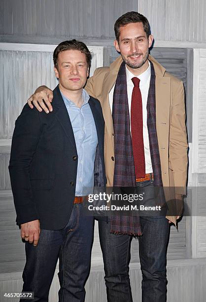 Jamie Oliver and Instagram's Kevin Systrom arrives at their second annual private party, taking place at Barbecoa on March 9, 2015 in London, England.