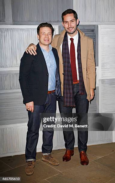 Jamie Oliver and Instagram's Kevin Systrom arrives at their second annual private party, taking place at Barbecoa on March 9, 2015 in London, England.