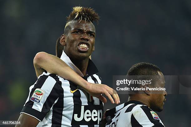Paul Pogba of Juventus FC celebrates after scoring the opening goal during the Serie A match between Juventus FC and US Sassuolo Calcio at Juventus...