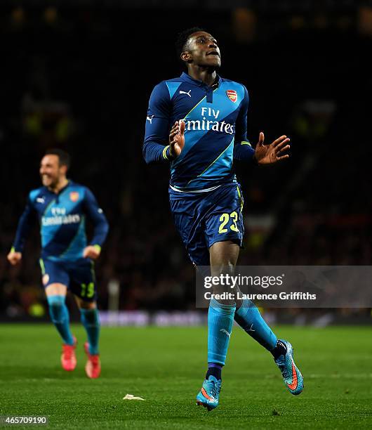 Danny Welbeck of Arsenal celebrates after scoring his team's second goal during the FA Cup Quarter Final match between Manchester United and Arsenal...