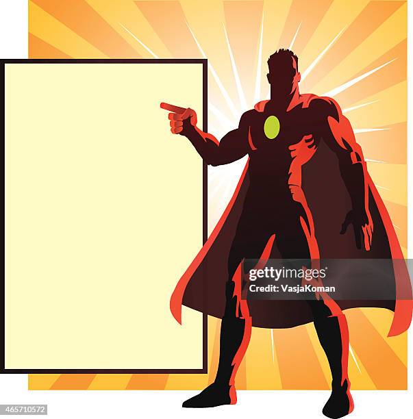 superhero standing proudly pointing finger at display sign - strong stable structure stock illustrations