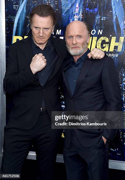 Actors Liam Neeson and Ed Harris attend the "Run All Night" New York Premiere at AMC Lincoln Square Theater on March 9, 2015 in New York City.