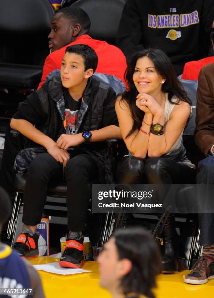 Lauren Sanchez and her son Nikko Gonzalez attend a basketball game between the Indiana Pacers and the Los Angeles Lakers at Staples Center on January...