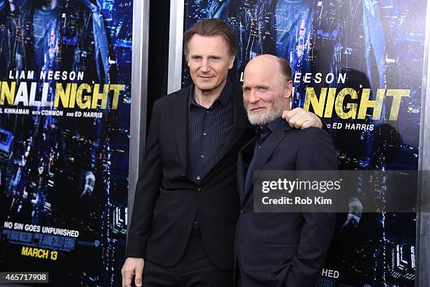 Liam Neeson and Ed Harris attend "Run All Night" New York premiere at AMC Lincoln Square Theater on March 9, 2015 in New York City.