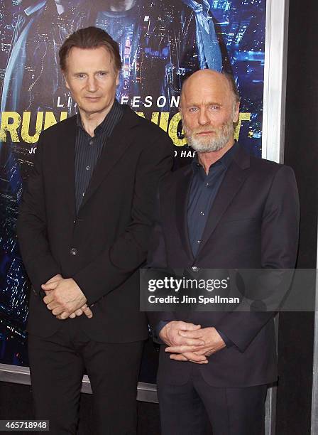 Actors Liam Neeson and Ed Harris attend the "Run All Night" New York premiere at AMC Lincoln Square Theater on March 9, 2015 in New York City.